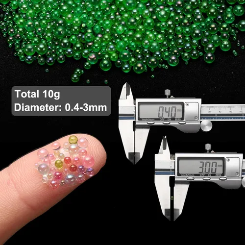 Vista 2 de Cuentas de cristal iridiscente, pequeñas gotas de agua de 0.016-0.118 in, 0.35 oz sin agujero, microredondas, color verde oscuro, cuentas de gotas