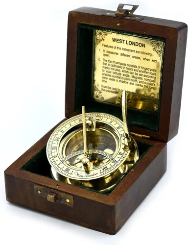 SARA NAUTICAL Reloj de Sol Antiguo de Latón, Brújula con Reloj Solar en Caja, Regalo, Reloj Solar en Forma de Barco, Decoración de Barco
