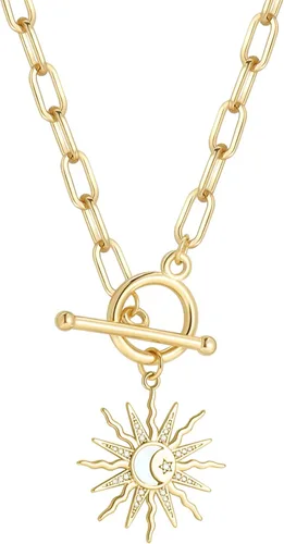 DoreenBeads 18K Gold Plated Sun Moon Star Evil Eye Pendant Necklace Toggle Paperclip Chain Necklace Jewelry Gift for Women Girls
