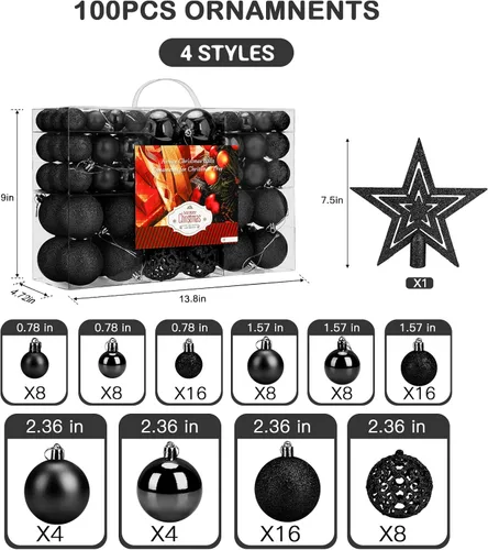 Vista 2 de Aitsite Juego de 100 adornos para árbol de Navidad, miniesferas inastillables para decoración de Navidad (negro)