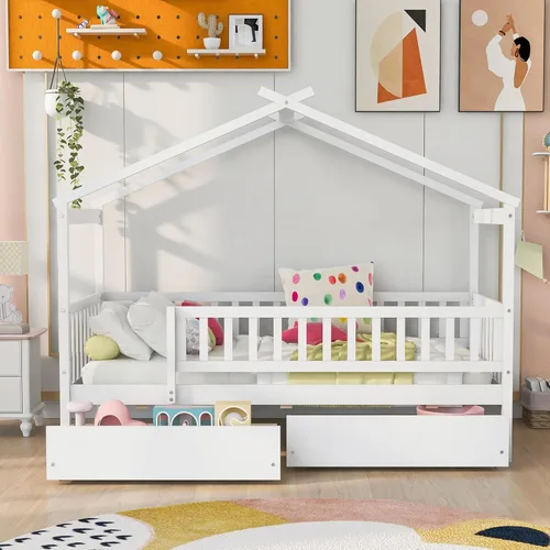 Vista 39 de Merax Cama de madera de tamaño individual con dos cajones, marco de cama de madera con techo para niños, adolescentes, niños o niñas, gris