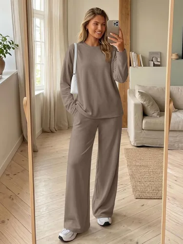 Vista 6 de Trendy Queen Conjunto de 2 piezas de otoño para mujer, tops de gran tamaño Caqui