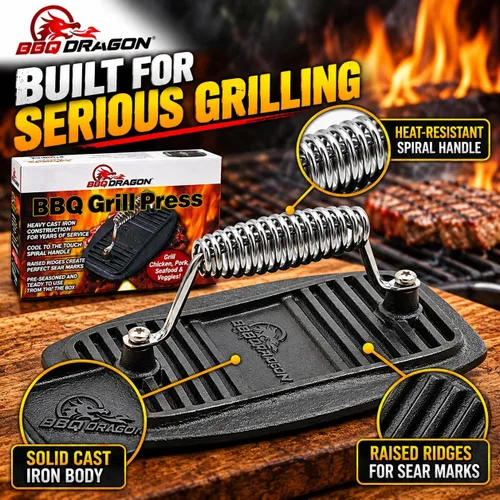Vista 2 de BBQ Dragon Prensa para parrilla de hierro fundido – Prensa de hamburguesas, tocino y panini resistente de 2.9 libras – Pre sazonada para asar