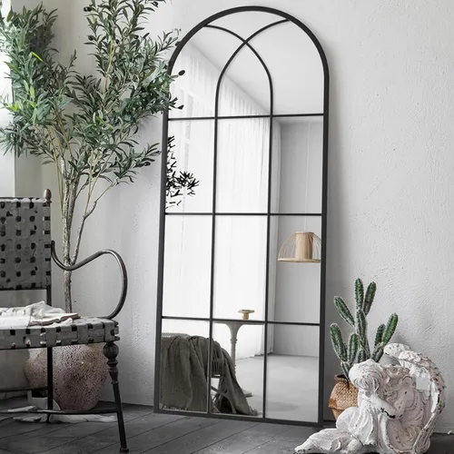 Vista 3 de Espejo de longitud completa, 56x22", espejo grande arqueado, espejos de cuerpo completo de panel de ventana negro para pared, espejos de pie