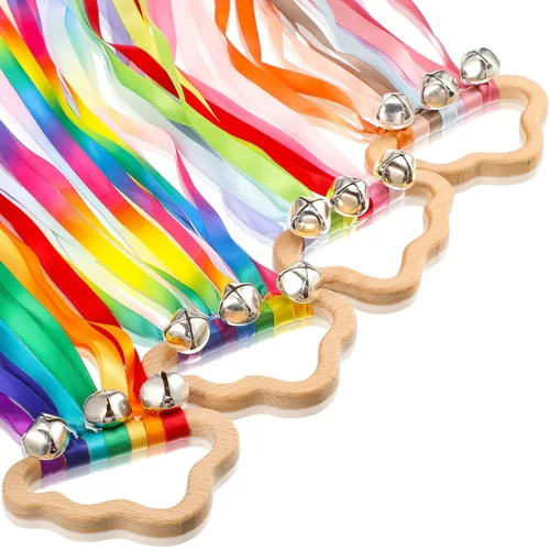 Aoriher 4 piezas de cinta de mano arcoíris con campanas, varita de viento, cinta bailarina, serpentina, madera de nube, juguetes sensoriales de