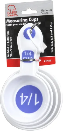 Vista 2 de Chef Craft Select Tazas medidoras de plástico, 1/4, 1/3, 1/2 y 1 taza, blanco y azul