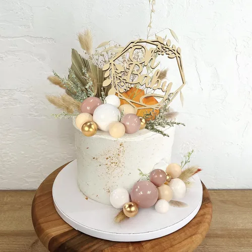 Vista 3 de 47 piezas de decoración de pastel de madera Oh Baby Cake Topper, decoraciones de pastel de bolas Boho para baby shower, recién nacido, cumpleaños