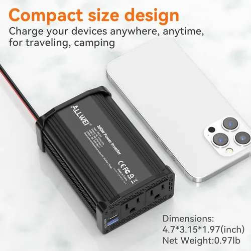 Vista 6 de ALLWEI Inversor de corriente de 300 W, 12 V CC a 110 V CA, adaptador de enchufe de automóvil, convertidor de salida con 27 W PD USB-C y cargador