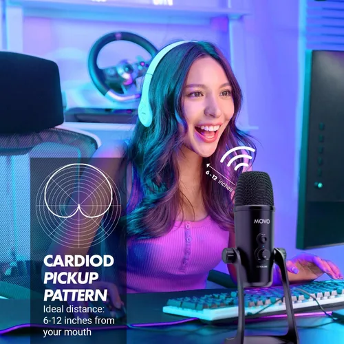Vista 6 de Movo UM700 Condensador de computadora USB Micrófono para juegos con patrones de recogida ajustables - Micrófono para PC, PS5, podcasting