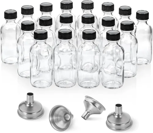 Vista 10 de Botellas pequeñas de vidrio transparente de 2 oz (2.0 fl oz) con tapas y embudos de acero inoxidable – Botellas redondas de muestra de Boston
