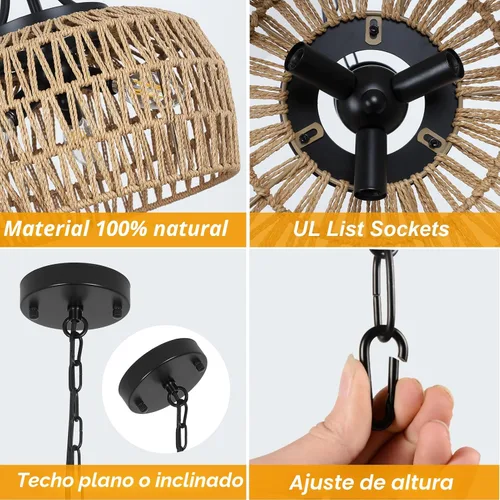 Vista 6 de HMVPL Lámpara de araña de granja para comedor, 3 luces, estilo bohemio, de ratán, lámpara colgante de techo con pantalla tejida, pequeña lámpara