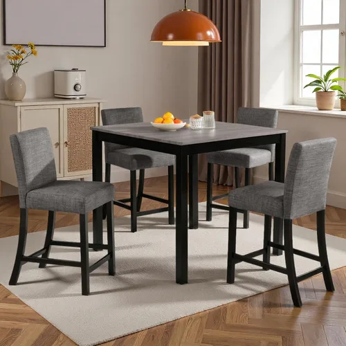 Vista 6 de Juego de mesa de comedor de 5 piezas para 4, juego de cocina de altura de mostrador con mesa cuadrada de madera y 4 sillas, sillas de sala