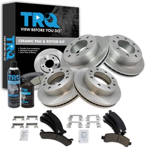 TRQ Kit de pastillas de freno delanteras y traseras y rotores Kit de productos químicos para freno, pastillas de freno de cerámica compatible con