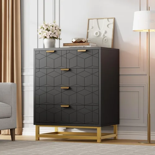 Vista 14 de GAOMON Cómoda de 3 cajones, cajones de madera con almacenamiento para armario, dormitorio, cómoda moderna de noche con asas doradas, color negro