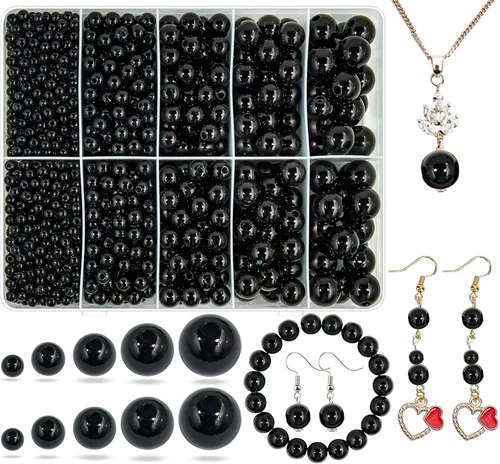 Perlas de Perla Negra para Hacer Joyas, 1750 piezas de Perla Negra para Manualidades con Agujero de 4 mm 6 mm 8 mm 10 mm 12 mm Perla Espaciadora