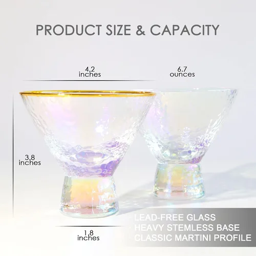 Vista 8 de Lysenn Juego de 2 vasos de Martini iridiscentes sin tallo, vasos de cóctel martillados de alta calidad para bodas, aniversarios, Navidad, fiestas