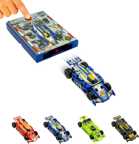 FLAT 2 FAST Original Speed Card Racer – Auto de Carrera Plano y Lanzacoches de Bolsillo con Neumáticos de Goma Reales para Carreras de Alta Azul