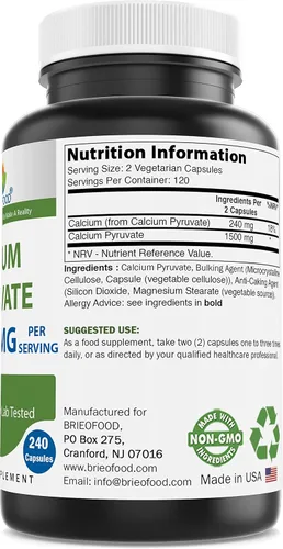 Vista 2 de Brieofood Piruvato de calcio 1500 mg por porción - 240 cápsulas vegetarianas