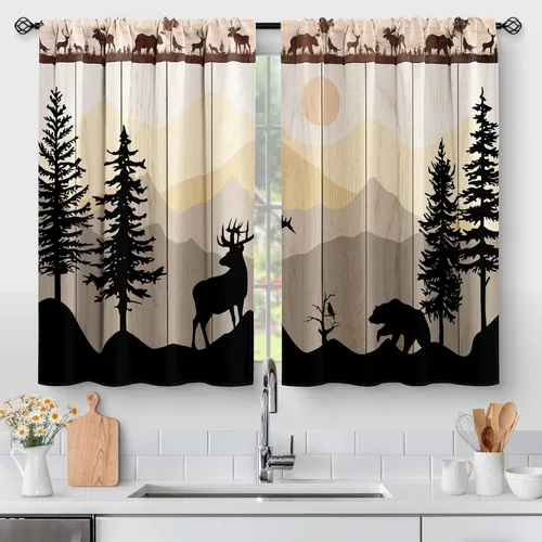 Vista 35 de Aimego - Cortinas de cocina con plantas rústicas y flores de primavera, botánicas, con hojas verdes, cortas, para cafetería, baño, con bolsillo