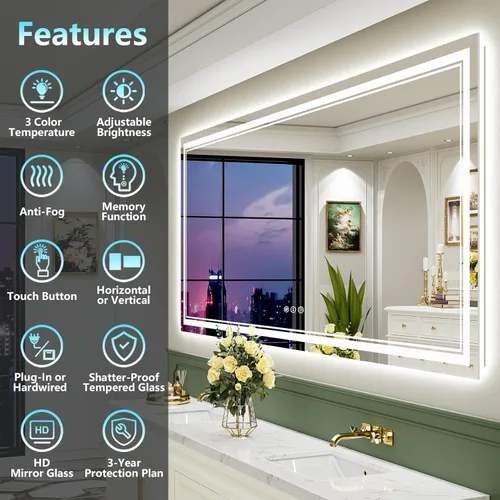 Vista 137 de Espejo de baño LED de 20 x 28 pulgadas con luces, retroiluminado y frontal iluminado antivaho para pared de baño, regulable, luz de 3