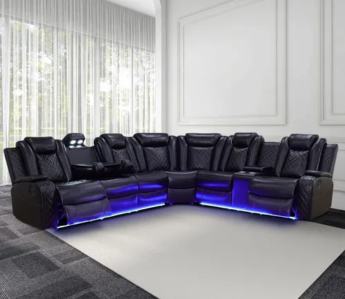 Vista 8 de Sofá Seccional Reclinable de Potencia con Luz LED para Sala de Estar, Sofá de Esquina Reclinable de Cuero con 2 Asientos Reclinables, Portavasos