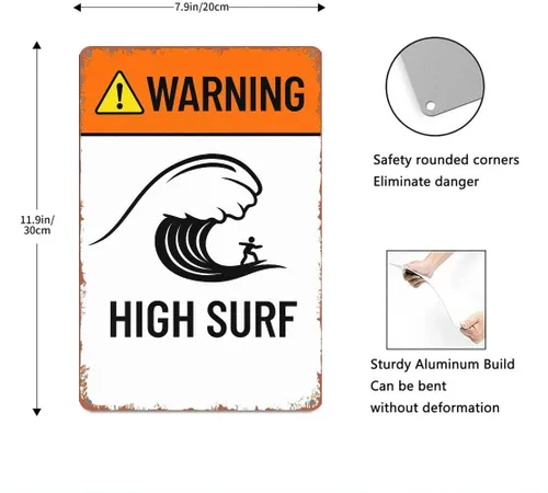 Vista 3 de Retro Metal Sign High Surf, Warning High Surf, Ocean Decor, Waves,Text Art Poster Home Wall Decor, For Bedroom, Living Room, Bar