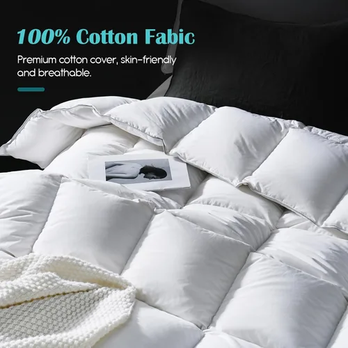 Vista 4 de Edredón de fibra de plumón de ganso tamaño Queen, funda 100% algodón, ultra suave y esponjoso, edredón de cama de hotel de lujo para todas