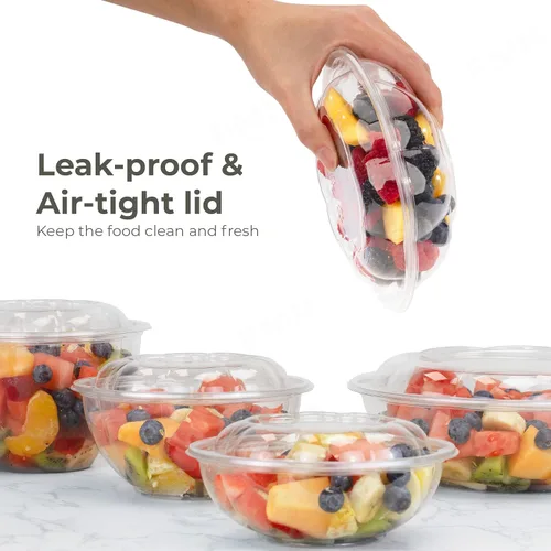 Vista 4 de Fit Meal Prep 50 unidades 18 onzas Tazones desechables de plástico transparente para ensalada con tapas herméticas - Para llevar para almuerzo