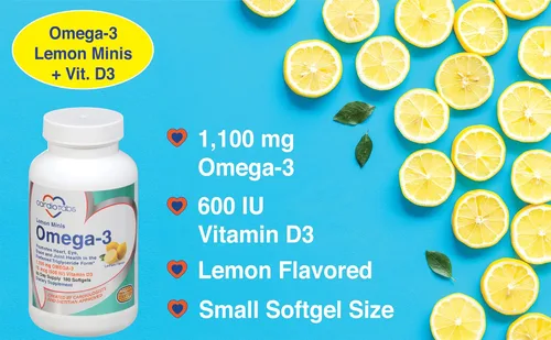 Vista 2 de Omega 3 Lemon Minis + Vitamina D3, 1,100 mg de Omega-3 en forma de triglicéridos y 600 UI de vitamina D3, cápsulas blandas de suplemento Omega-3