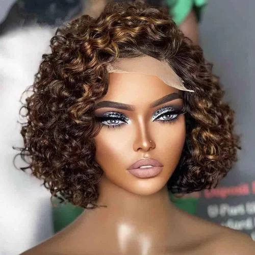Vista 5 de Pelucas cortas de cabello humano rizado estilo Bob con reflejos, pelucas de encaje frontal HD de 13 x 4, pelucas de cabello brasileño con corte