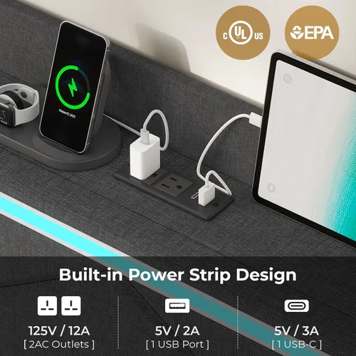 Vista 5 de Base de cama LED tamaño matrimonial con cabecera de almacenamiento, moderna cama tapizada con estación de carga tipo C y USB y 4 cajones, listones