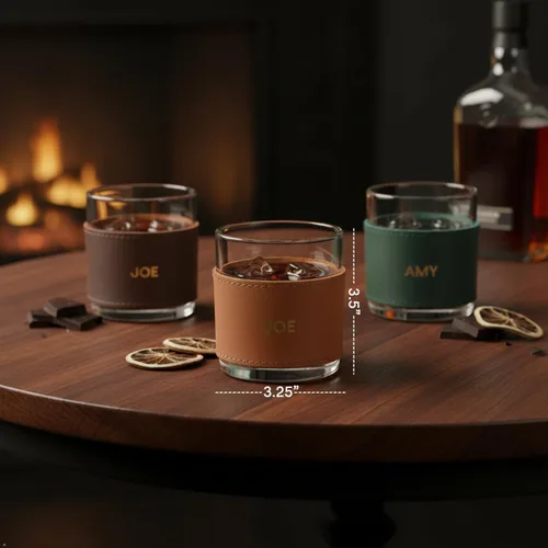 Vista 7 de Vaso de whisky personalizado, envoltura de cuero de grano completo, 10.5 onzas, fabricado en Estados Unidos
