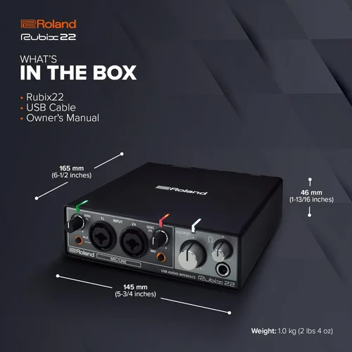 Vista 6 de Roland Rubix22 - Interfaz de audio USB de 2 entradas/2 salidas Audio de alta resolución Graba con micrófonos, guitarras, teclados y más
