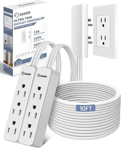 Vista 14 de Saker Cable de extensión doble de 5 pies plano con 6 tomas, 1625W Cable de extensión con cubierta de toma, enchufe plano, a prueba de bebés