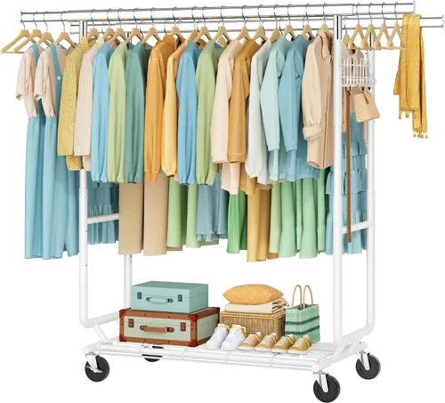 Vista 12 de Hoctieon Perchero de doble varilla de montaje en 2 minutos, estante resistente para ropa con ruedas, plegable para uso comercial, barra extensible