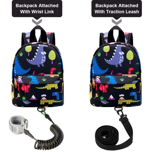 Vista 4 de Accmor Arnés de mochila de dinosaurio para bebés con correa para niños pequeños con eslabón de muñeca antipérdida, bonita bolsa de guardería