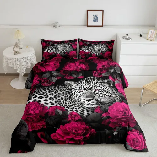 Vista 38 de Erosebridal Juego de ropa de cama de guepardo con rosa azul, juego de edredón con estampado de leopardo y gato, edredón romántico de plumón