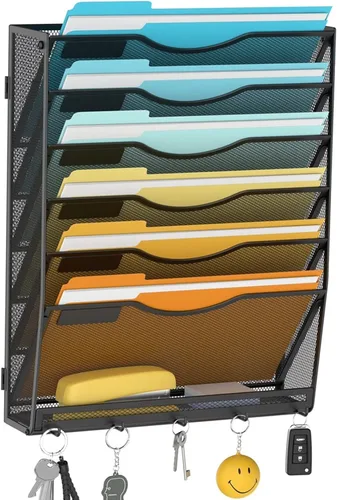 Delifox Organizador de archivos de pared de 7 niveles, soporte para archivos de pared, organizador de carpetas de papel de montaje en pared,