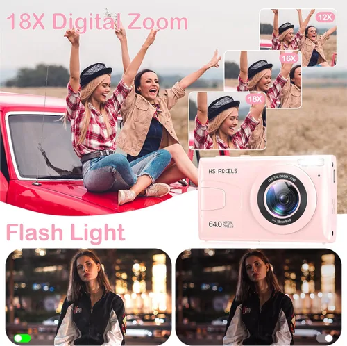 Vista 5 de Cámara digital rosa 4K sin tarjetas SD, cámara para apuntar y disparar con flash, fácil de usar, perfecta para principiantes, ideal para viajes