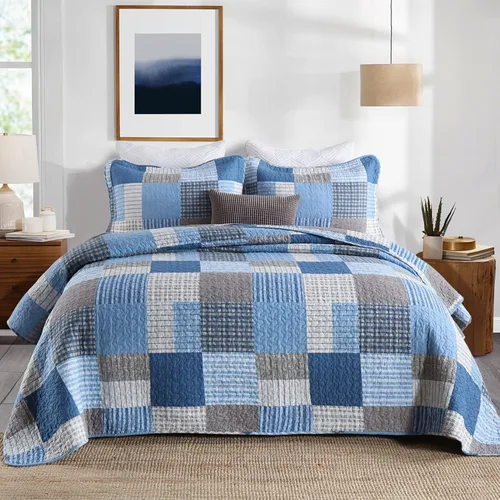 Y-PLWOMEN Juego de edredón tamaño Queen, 100% algodón, tamaño Queen, juego de ropa de cama de retazos de retazos azul marino, juego de ropa de cama