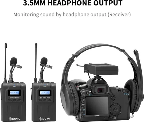 Vista 8 de Sistema de micrófono inalámbrico Lavalier para iPhone 11 8 x 7 6 Cámara, BOYA de doble canal 2 transmisor y 1 receptor para DSLR grabadora Samsung