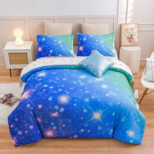 Vista 10 de A Nice Night Juego de ropa de cama de 6 piezas con purpurina degradada para niñas, tamaño Twin, juego de edredón colorido de galaxia arcoíris, Azul
