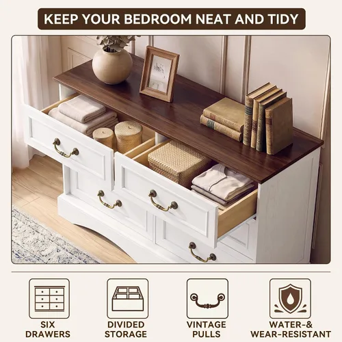 Vista 5 de YESHOMY Cómoda de granja con 6 cajones para dormitorio, cómoda de 47 Blanco y marrón