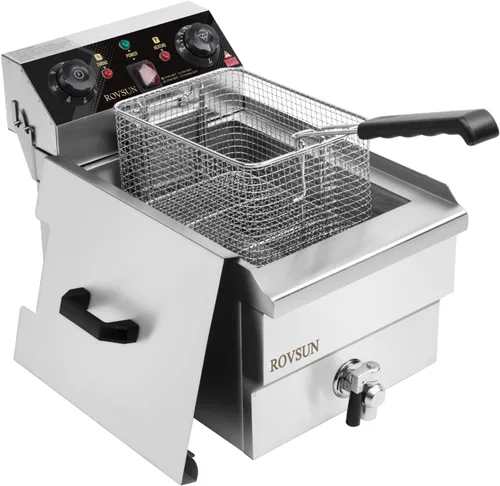 Vista 9 de ROVSUN Freidora eléctrica de 11.4 cuartos de galón con cesta y tapa, freidora de cocina comercial de 2500 W, freidora francesa de acero inoxidable