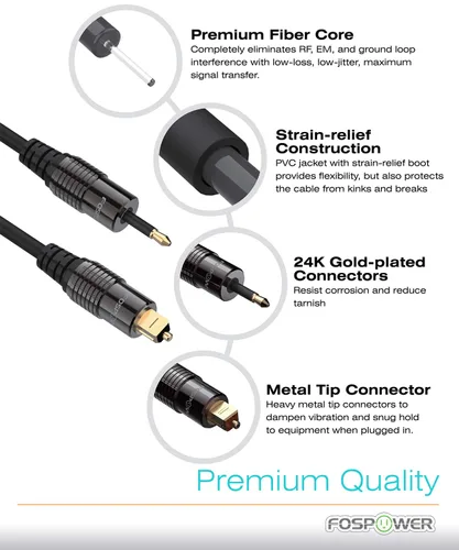 Vista 6 de FosPower Toslink a Mini Toslink chapado en oro de 24 quilates, cable de audio S/PDIF de fibra óptica digital con conectores metálicos y forro de PVC
