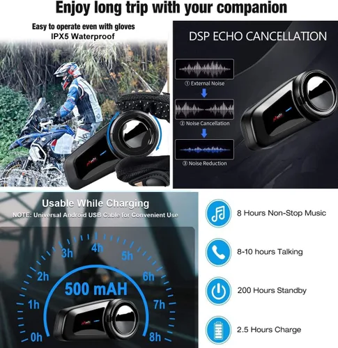 Vista 6 de QSPORTPEAK Kit de intercomunicación Bluetooth para casco de motocicleta, M2 1000M 5.0 Bluetooth sistemas de comunicación para casco de motocicleta