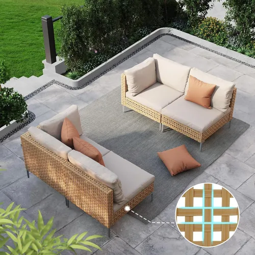Vista 16 de Grand patio Juego de muebles de mimbre de patio de 3 piezas, juego seccional de sofá de conversación para exteriores estilo boho con cojines gruesos