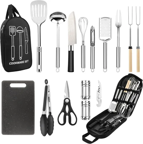 Juego de utensilios de cocina para acampar, herramientas de parrilla de acero inoxidable, equipo y accesorios de utensilios de cocina para barbacoa