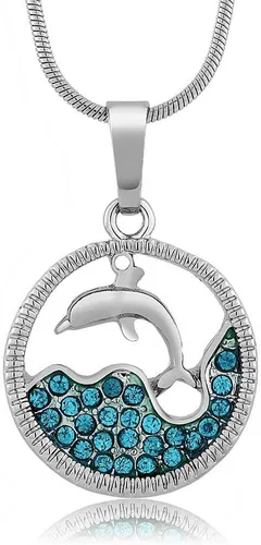 Gem Stone King Impresionante delfín y mar en un círculo con cristales azules cadena de 16 pulgadas, Metal, piedras preciosas, Cristal de color azul