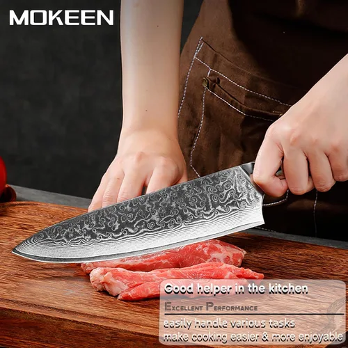Vista 6 de Cuchillo de chef Damasco de 8 pulgadas, 67 capas VG-10 Super Steel Profesional, cuchillos de cocina ultra afilados con mango G10, triple remache